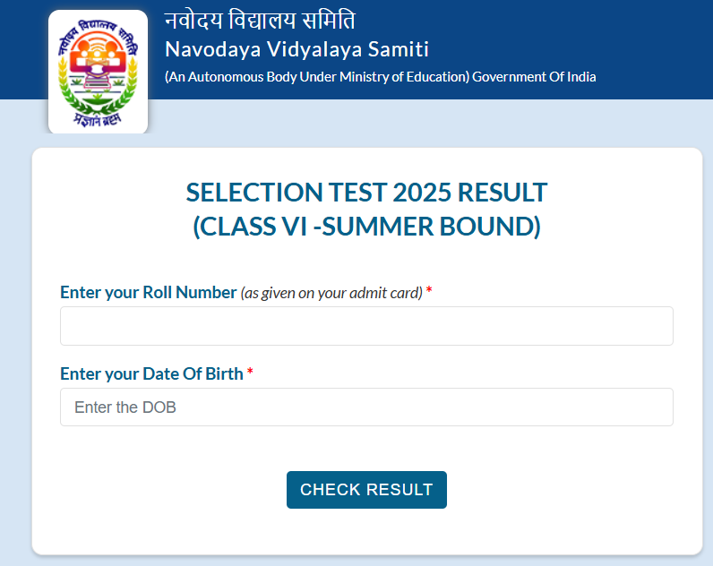 NVS SELECTION TEST FOR CLASS VI RESULT 2025